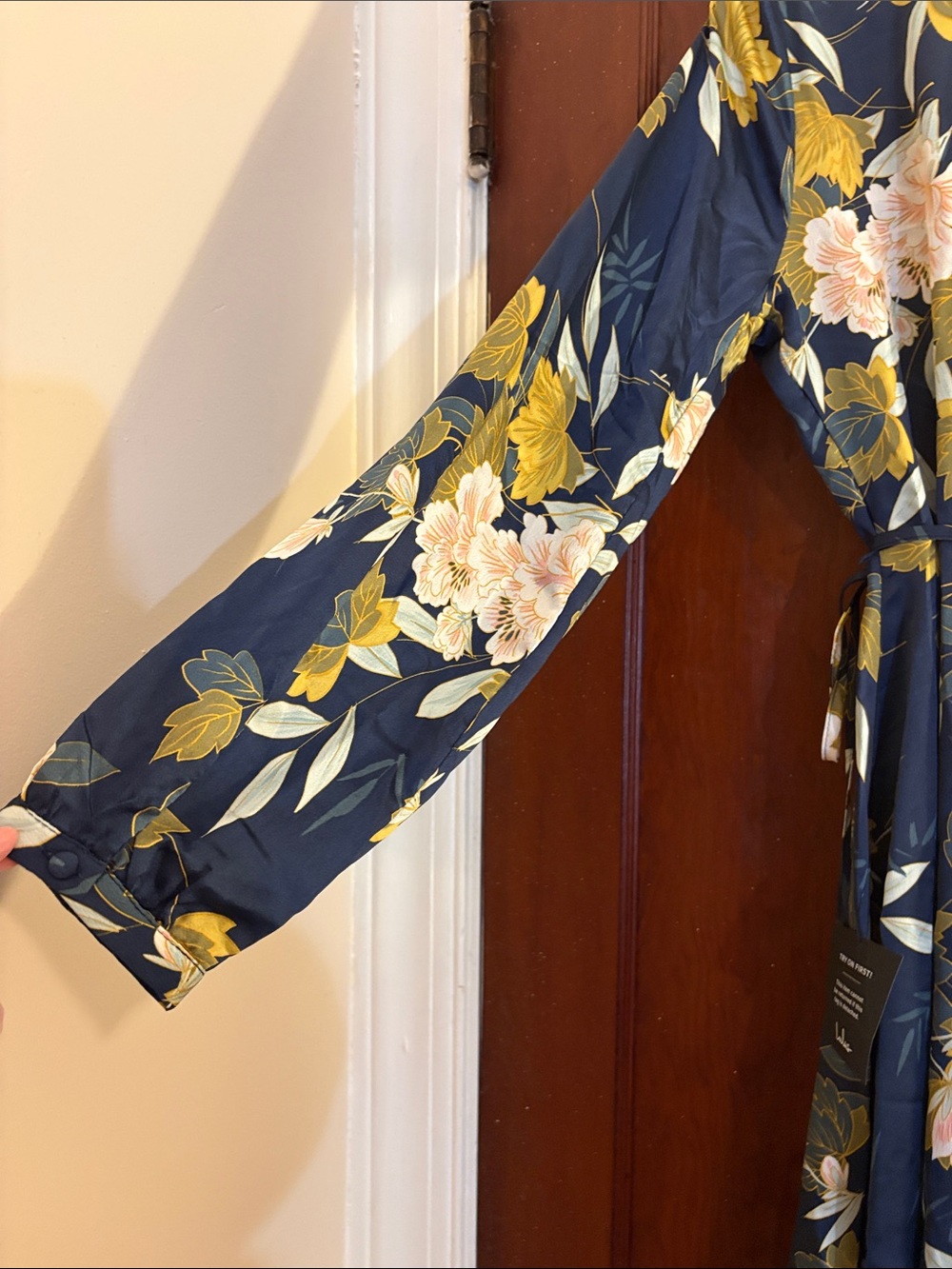 Lulu's Navy Floral Wrap Dress with Yellow & Blush Blooms - Picture 6 of 8